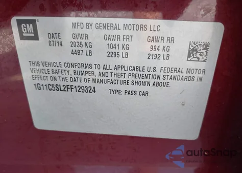 2015 Chevrolet Malibu 1Lt из США, поврежденный, VIN 1G11C5SL2FF129324